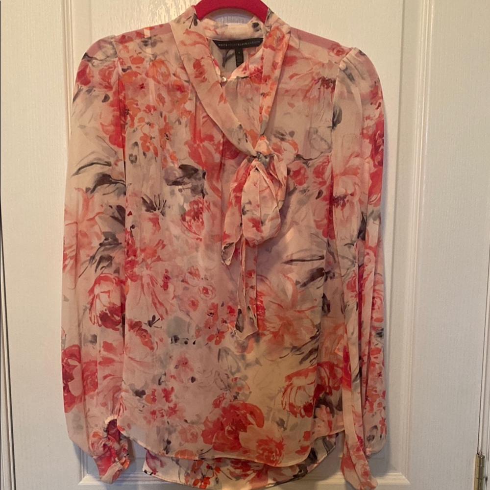 Pink Long Sleeve Blouse with Tie Front and Ruffled Mandarin Collar